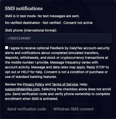 Actual FlexBank SMS consent interface with an unchecked optional checkbox, program disclosure, STOP and HELP instructions, message frequency and rate notice, Privacy Policy and Terms links, and disabled test-mode verification controls.